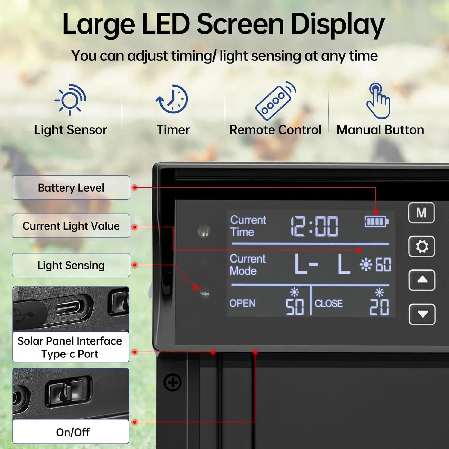 Puerta automática solar para gallinero – 4 modos con temporizador - imagen 3
