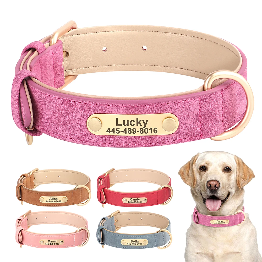 Collar de perro personalizado, collares de cuero PU suave para perros, Collar de identificación de perros acolchado de cuero para perros pequeños, medianos y grandes, color rosa Pug