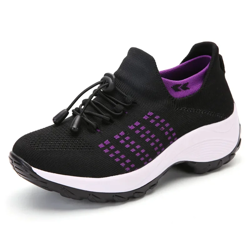 Zapatillas de deporte para caminar para mujer, zapatillas de deporte con calcetines tejidos con mosca a la moda, zapatos de enfermería cómodos y transpirables, mocasines informales con plataforma antideslizantes