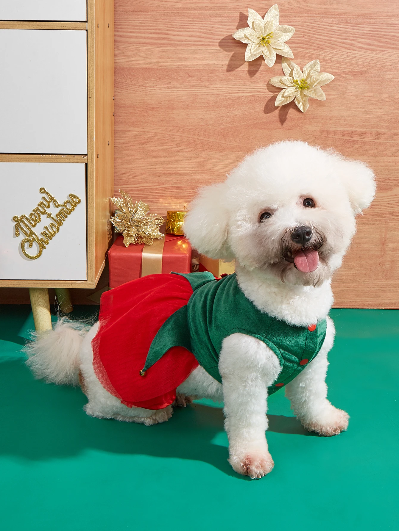 Vestidos de Navidad para cachorros, ropa de tul con lazo para cachorros, campana pequeña, fiesta de Navidad, mascotas, gatos, ropa cálida Ap - imagen 2