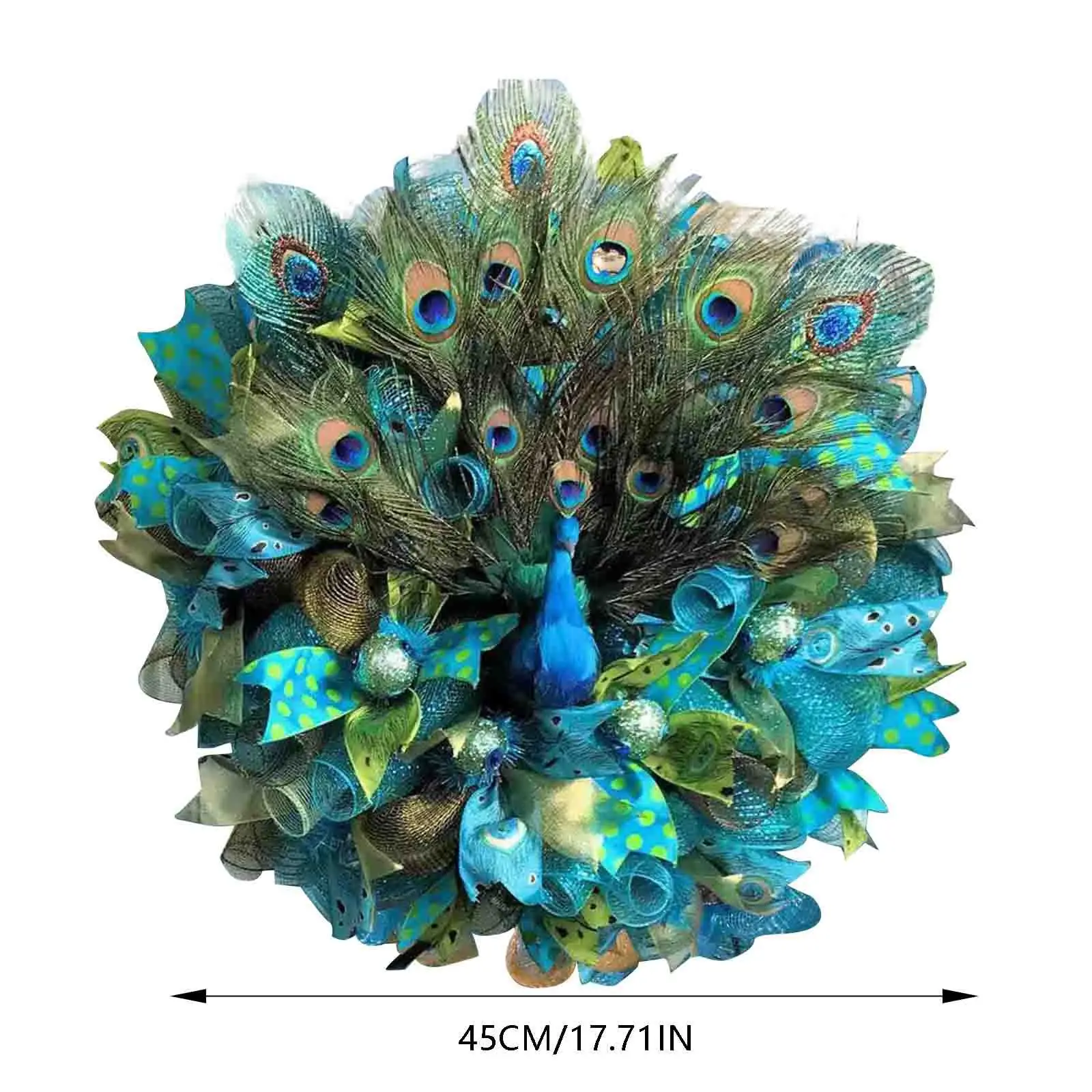 Handmake-Hermosa corona de pavo real redonda, decoración de guirnalda de malla de pavo real, VALLA DE Gardent, puerta delantera, decoración colgante para el hogar, 45cm x 45cm - imagen 3