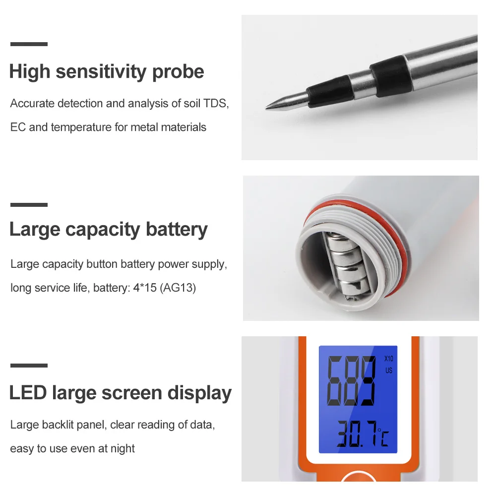 Medidor de suelo Digital 3 en 1, Detector de calidad de suelo para agricultura, jardín y granja, temperatura EC TDS, 661 - imagen 3