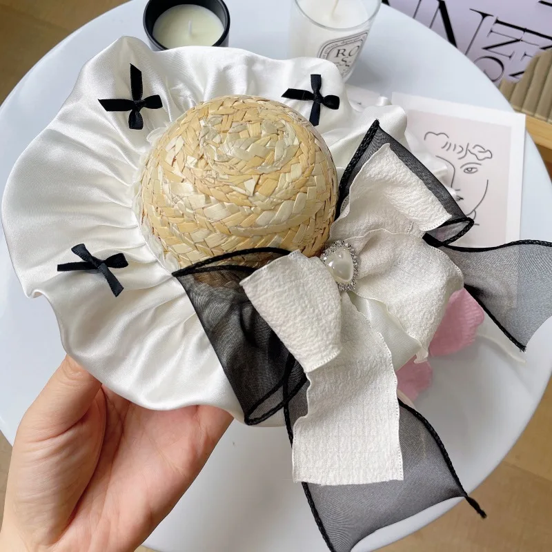 Sombrero con lazo de encaje para mascotas, sombrilla con lazo, sombrero de paja, ropa para perros y gatos, accesorios para sombrero que combinan, accesorios para perros Pomerianos para cachorros - imagen 4