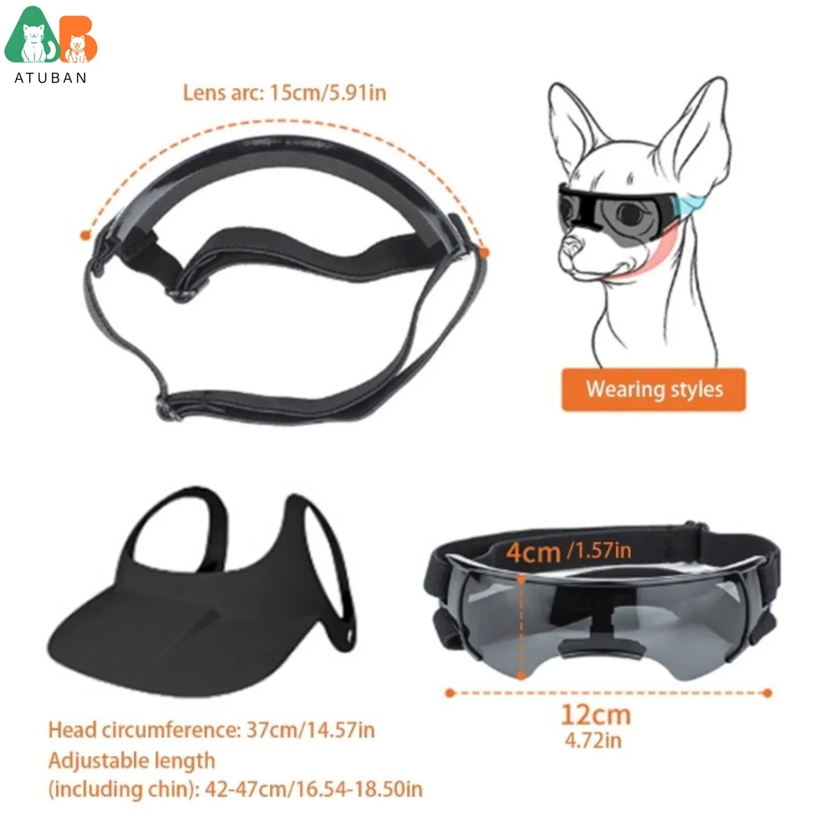 ATUBAN Equipo solar para perros, gafas y casco ajustables, protege de la nieve y el sol, perfecto para propietarios activos de mascotas, orificios ajustables - imagen 2