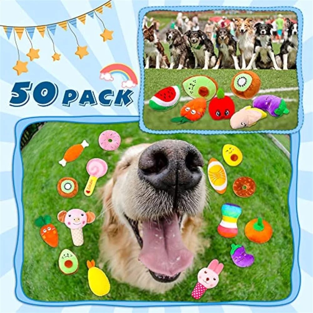 50 unids/pack juguetes chirriantes para perros a granel, juguetes para perros de peluche para perros pequeños y medianos, lindos juguetes chirriantes para perros y cachorros, cumpleaños - imagen 3