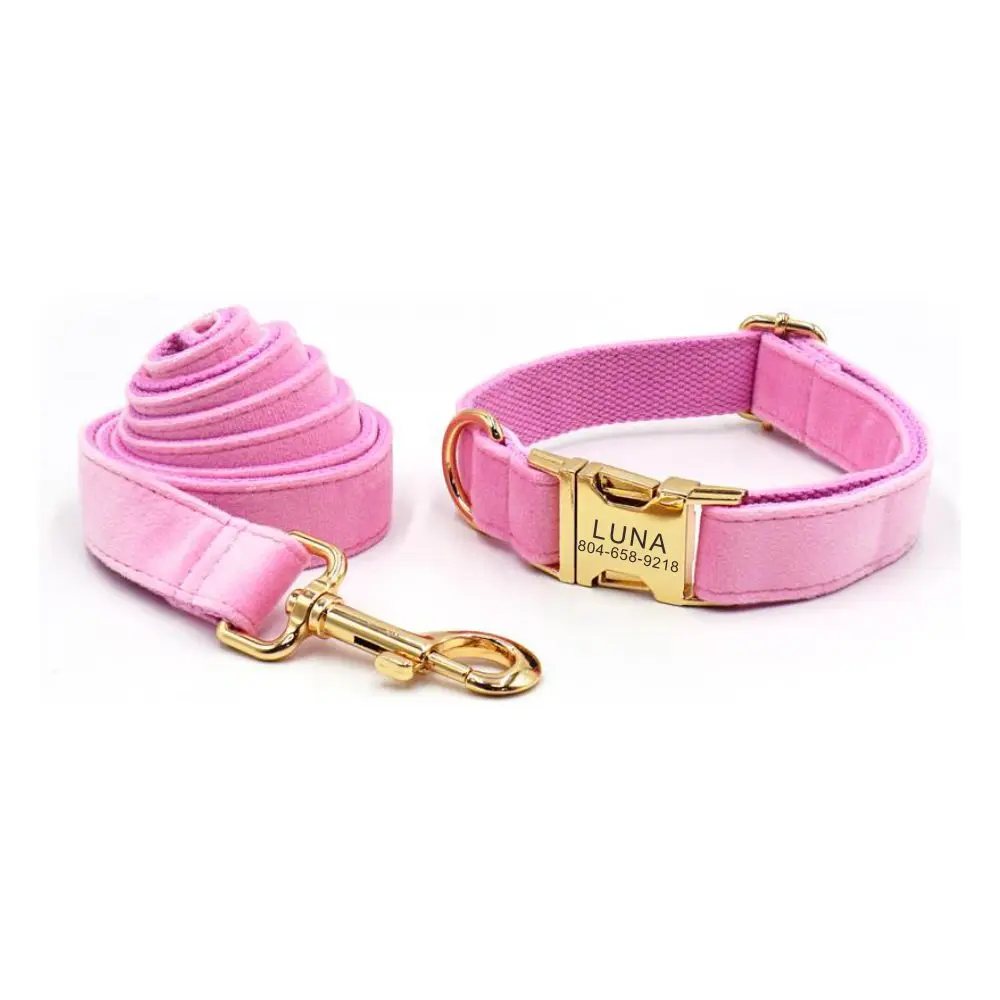 Collar de perro personalizado con grabado gratuito, correa para mascotas a juego, hebilla de Metal de contactos personalizados, Collar para mascotas de fibra de terciopelo rosa