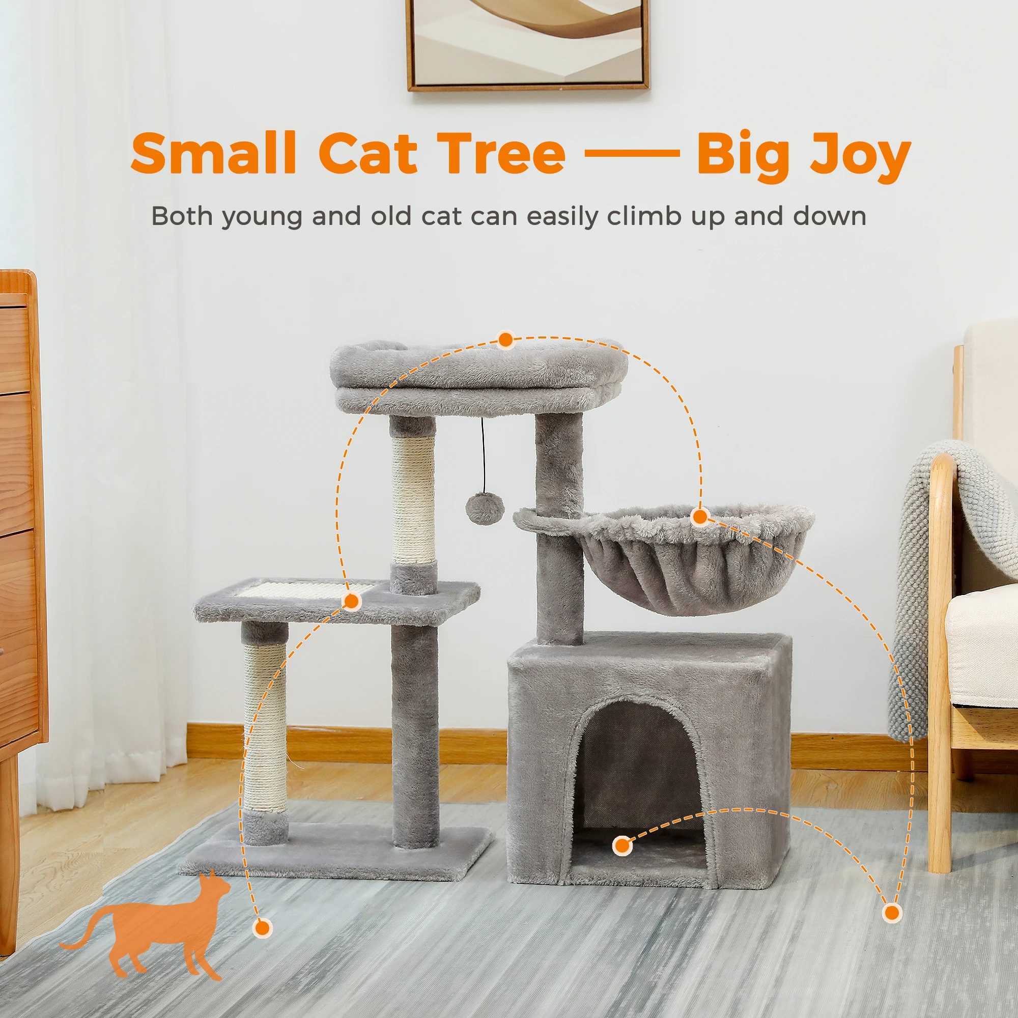 Árbol para gatos con tapa extraíble, percha grande, postes rascadores de sisal natural, condominio privado, hamaca profunda y suave para gatitos de interior - imagen 2