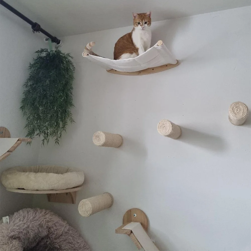 Sistema de escalada para gatos montado en la pared con estantes de madera, escaleras y perchas, muebles de pared para gatos para escalar, descansar y jugar - imagen 3