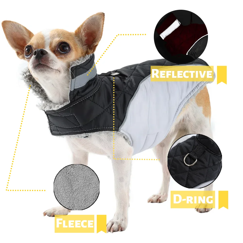Ropa cálida de lana para perros con anillo en D, chaleco reflectante grueso para mascotas, abrigo para invierno, chaqueta impermeable a cuadros para mascotas, perros pequeños y grandes - imagen 3