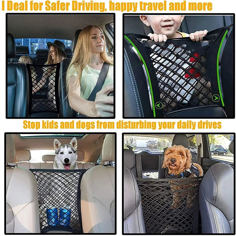 Barrera de red para coche para perros, barrera de seguridad de viaje para mascotas, portador de coche, valla de asiento trasero anticolisión para niños y mascotas con bolsa de almacenamiento - imagen 5