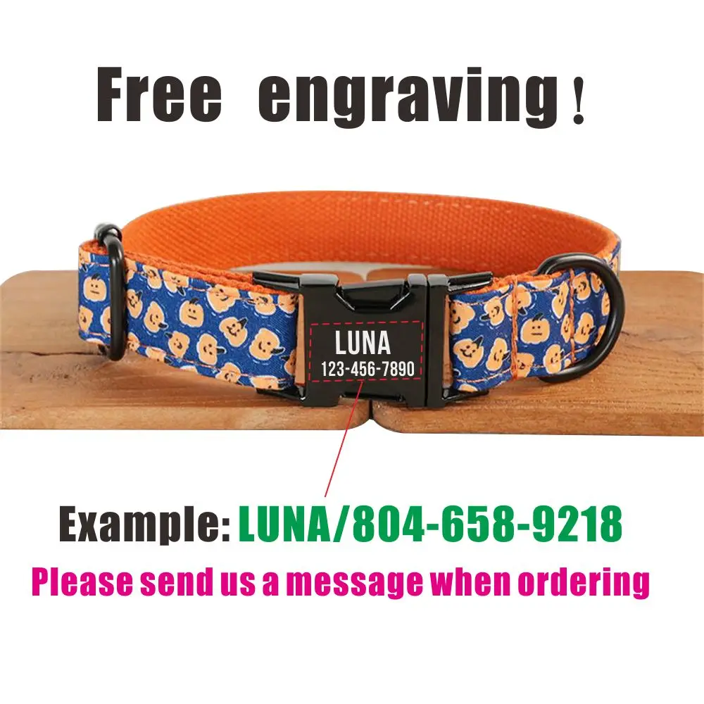 Collar de perro personalizado con grabado gratuito, correa para mascotas a juego, hebilla de Metal de contactos personalizados, Collar de cachorro de calabaza - imagen 4