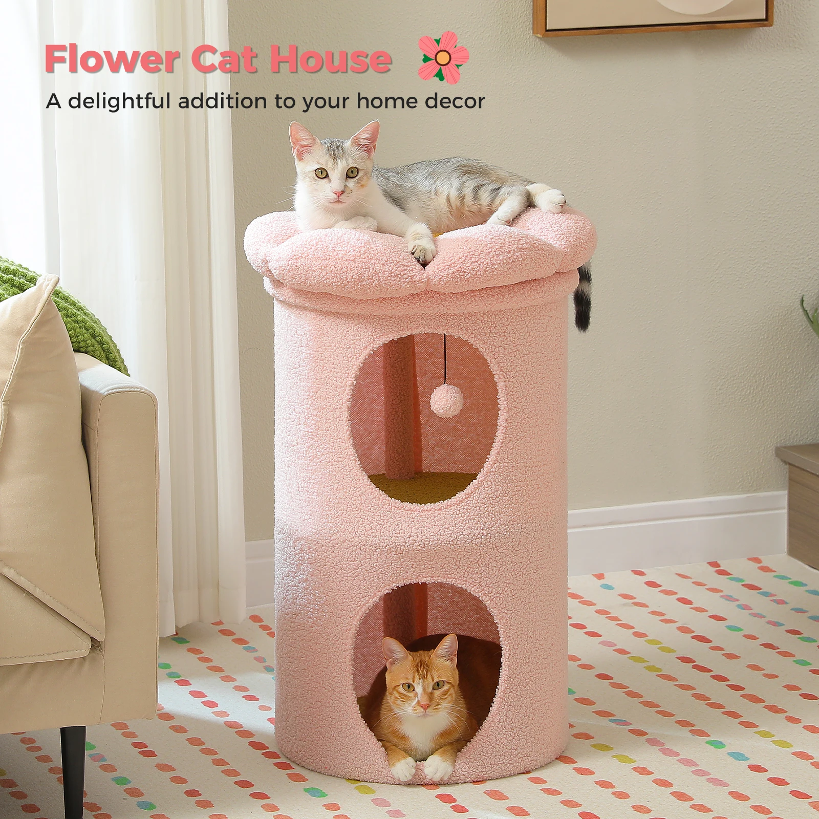 Doble casa para gatos con amplios condominios acogedores, espaciosa cama para gatos con lujoso mirador en forma de flor, bola de pompón, muebles para gatos de interior - imagen 3