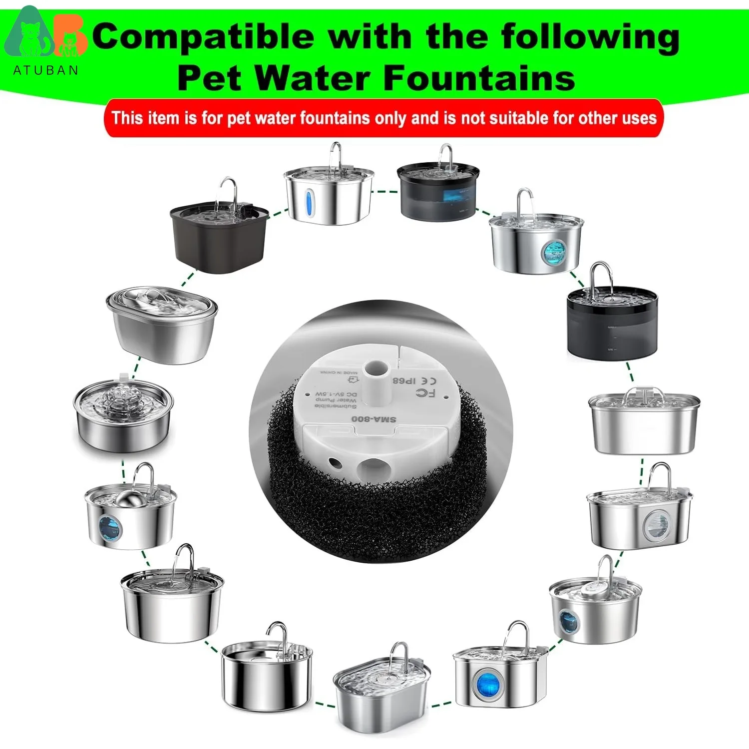 Bomba de fuente de agua para gatos ATUBAN, bombas de fuente de agua para mascotas, Motor sumergible de SMA-800 de repuesto, bomba de fuente para acero inoxidable - imagen 2