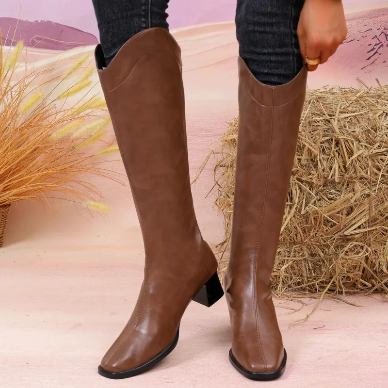 Nuevas botas informales de tacón cuadrado con cremallera y punta redonda para mujer, botas de tubo medio antideslizantes cómodas y elegantes para invierno