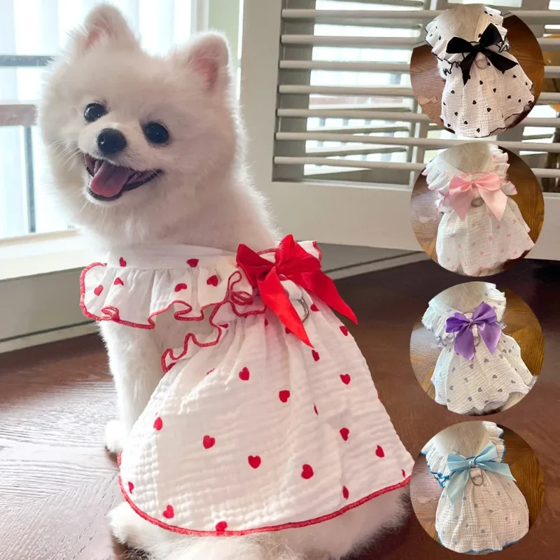 Ropa de princesa para perros, bonito vestido con lazo y estampado de corazón para cachorro Chihuahua, falda dulce, vestido de algodón para niña, disfraz para mascota perro - imagen 3