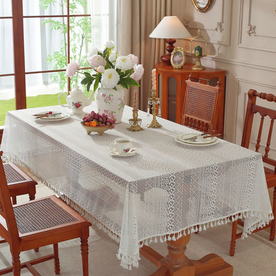 Mantel rectangular encaje blanco con flecos para mesa comedor festivo - imagen 5