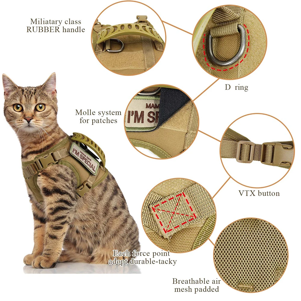 Arnés táctico para gatos con 2 parches, correas para chaleco para cachorros y perros pequeños con asa, entrenamiento de trabajo, accesorios ajustables para mascotas - imagen 2