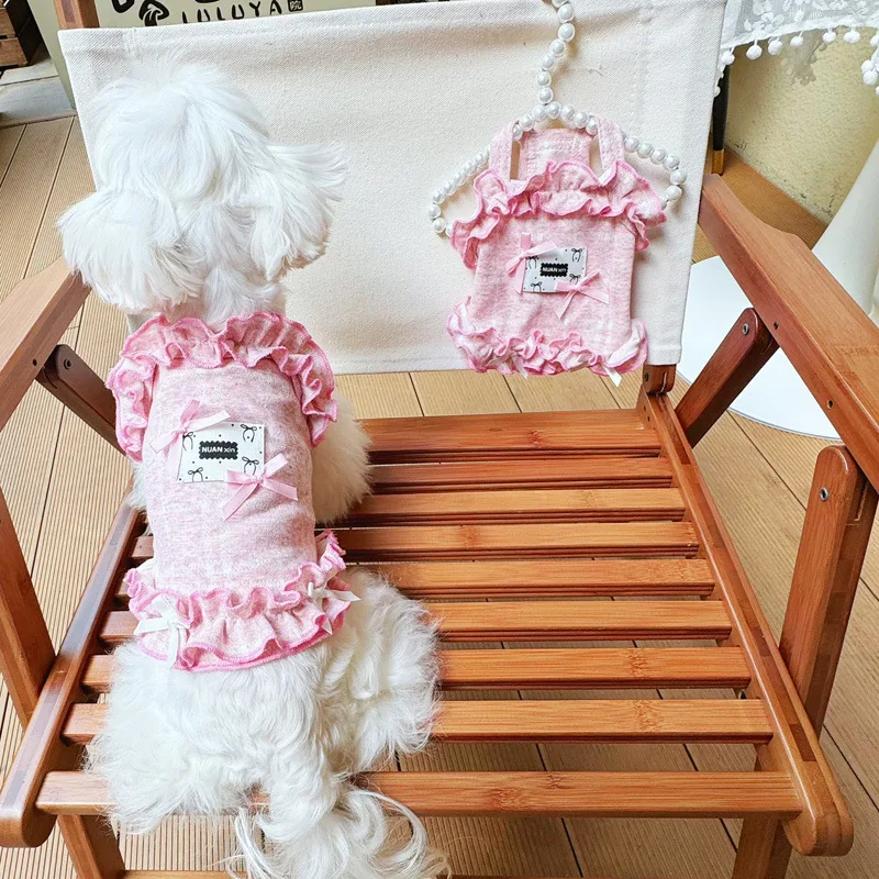 Camisola plisada de primavera para mascotas, ropa de dormir dulce para el hogar, capa Base, camisola de encaje con lazo, vestidos para perros pequeños - imagen 2