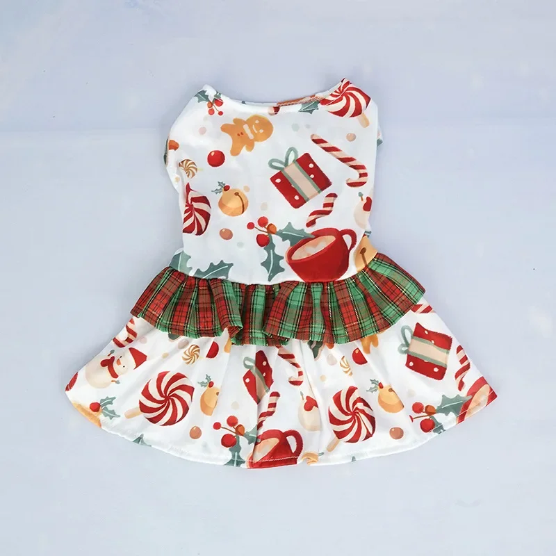 Traje de vacaciones para perros pequeños y medianos, vestido navideño para perros, bonito árbol de Navidad, estampado de muñeco de nieve, falda de princesa para cachorros, ropa festiva para - imagen 5