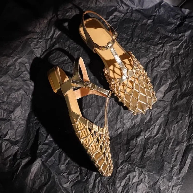 Sandalias romanas de tacón bajo para mujer, cómodas sandalias europeas y americanas de cuero de vaca, Nido de Pájaro hueco, talla grande, 2024 - imagen 4