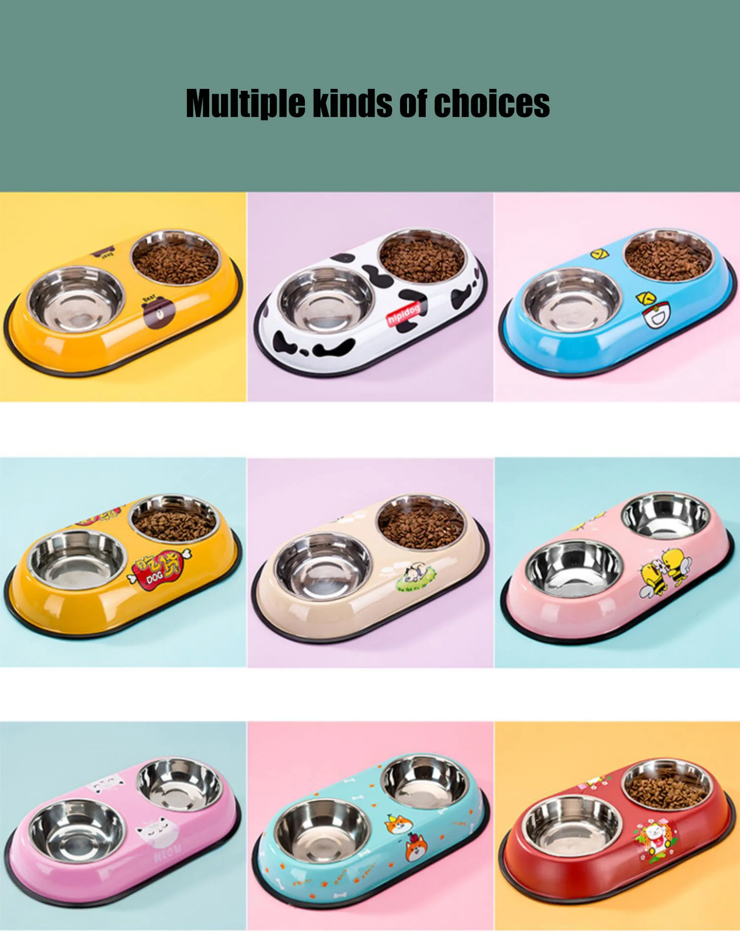 Cuenco doble de acero inoxidable para perro y gato, cuenco de comida con dibujos animados, suministros para mascotas - imagen 2