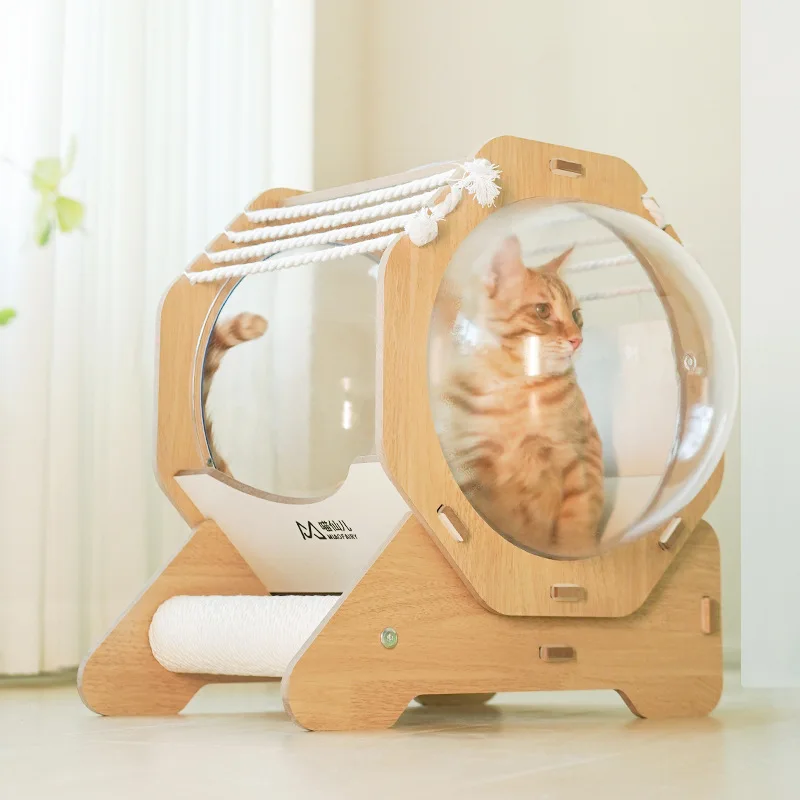 Nido para gatos con cápsula de madera 360 °   Cápsula bilateral portátil de gran espacio, nido para gatos, poste rascador, camas para dormir, suministros para mascotas