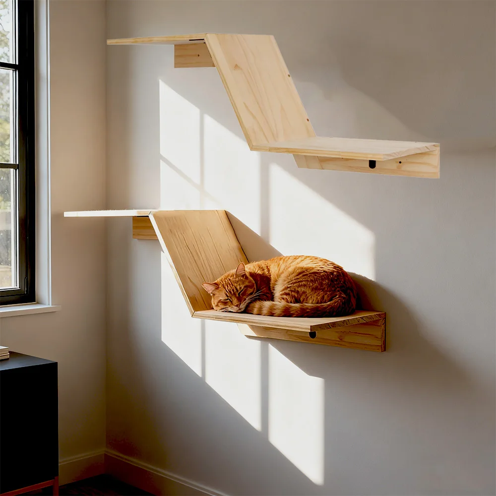 Estante de pared para gatos en forma de Z, percha flotante de madera maciza para escalar y descansar, muebles de pared para gatos que ahorran espacio para gatos de interior
