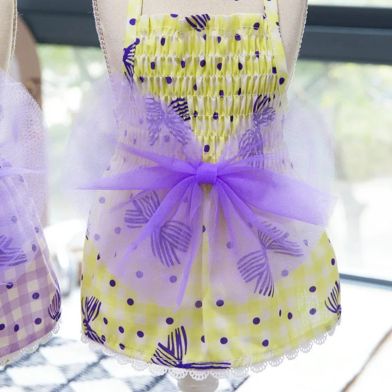 Ropa fina estampada de verano para perros y gatos, vestido de tul morado con lazo para cachorros y gatitos, falda con capucha, ropa para perros pequeños y medianos York - imagen 3