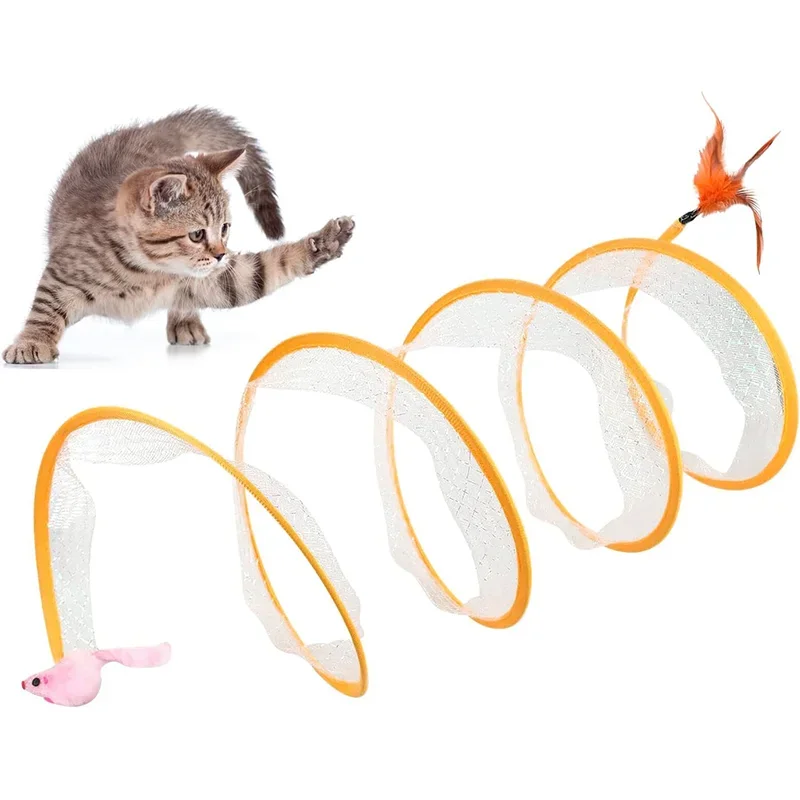 Túnel plegable para gatos tipo S, juguete de primavera, túnel de ratón con bolas y arrugas, juguetes interactivos para gatos al aire libre