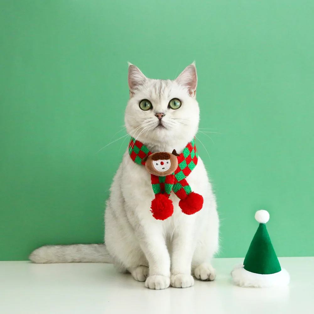 Gato mascota perro de peluche tejido copo de nieve rejilla felpa Santa Claus alce bufanda cálida cuello cachorro accesorios para perros pequeños - imagen 4