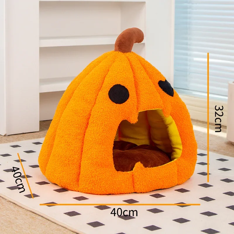Cama cálida para gatos semicerrada calabaza Halloween otoño invierno - imagen 2