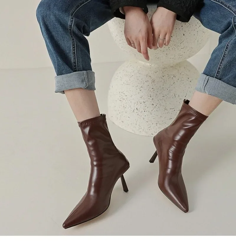 2024 nuevo Otoño Invierno puntiagudos botines de mujer zapatos de moda con cremallera tacón alto fino botines cortos Morder para mujer - imagen 2