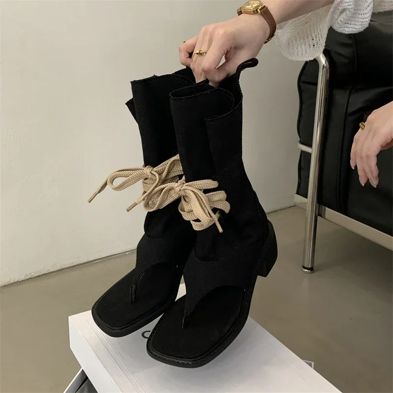 2025 otoño Retro altura gruesa Clip Toe chanclas tacones bajos diseño botines sandalias mujer con cordones zapatos romanos - imagen 5