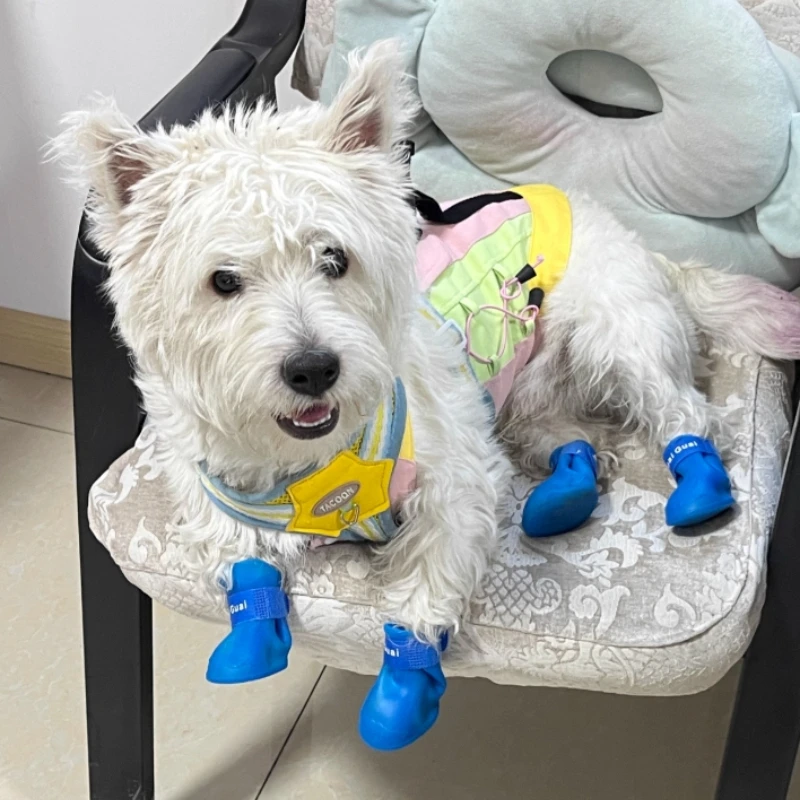 Botas de lluvia para mascotas, zapatos de goma antideslizantes impermeables para perros y gatos, botines para mascotas, juego de accesorios para calzado al aire libre, 4 Uds. - imagen 5
