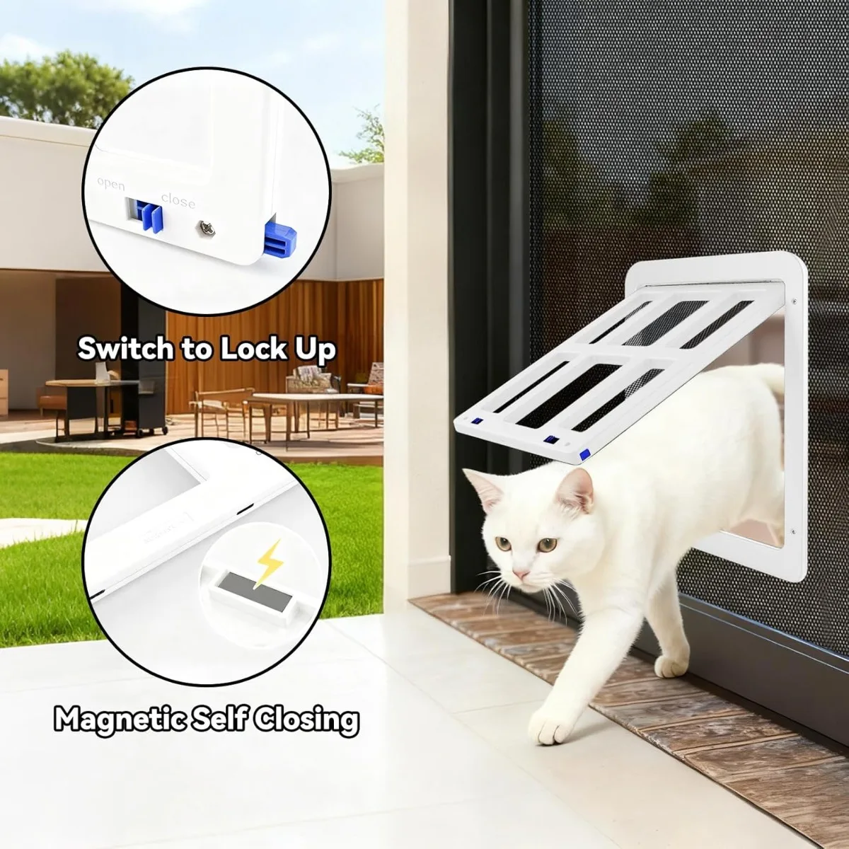 ATUBAN Puerta para gatos para puerta con pantalla, solapa magnética con cierre automático, puerta interior con pantalla para mascotas con cerradura de 10,3 x 8,3 pulgadas para puertas correderas