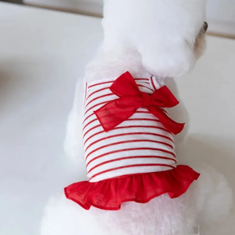 Vestidos bonitos a rayas de verano para mascotas, chaleco con lazo, protector solar, correa fresca, ropa para mascotas, ropa para gatos/perros, ropa para cachorros de peluche, chaleco de verano para perros - imagen 4