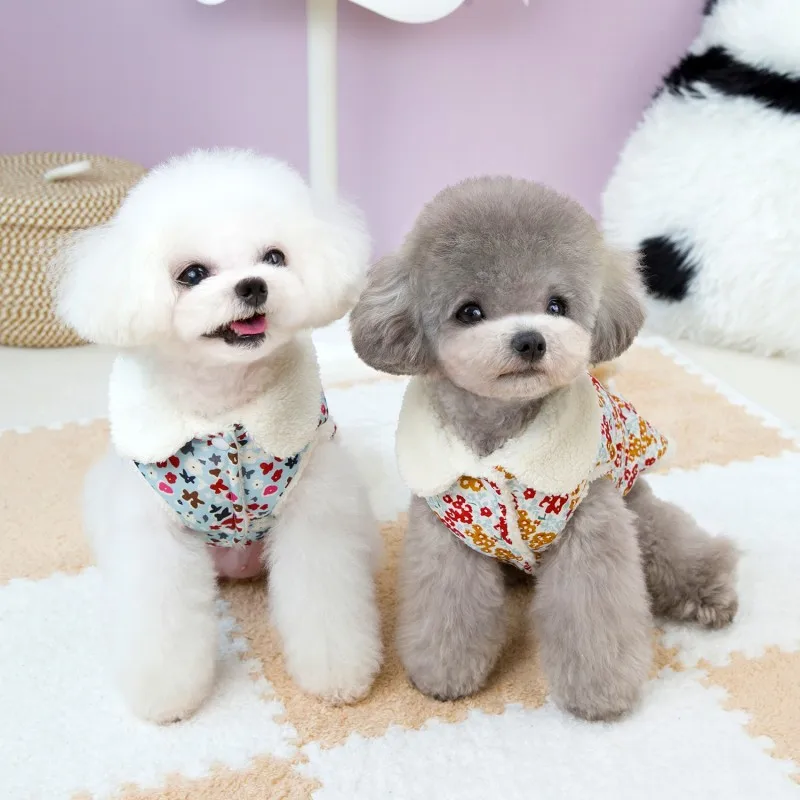 Chaqueta cálida para perro, ropa de invierno con flores a la moda para perros, abrigo grueso con Orejas de conejo para perro, sudadera para cachorro, chaleco de felpa para mascota Chihuahua - imagen 4