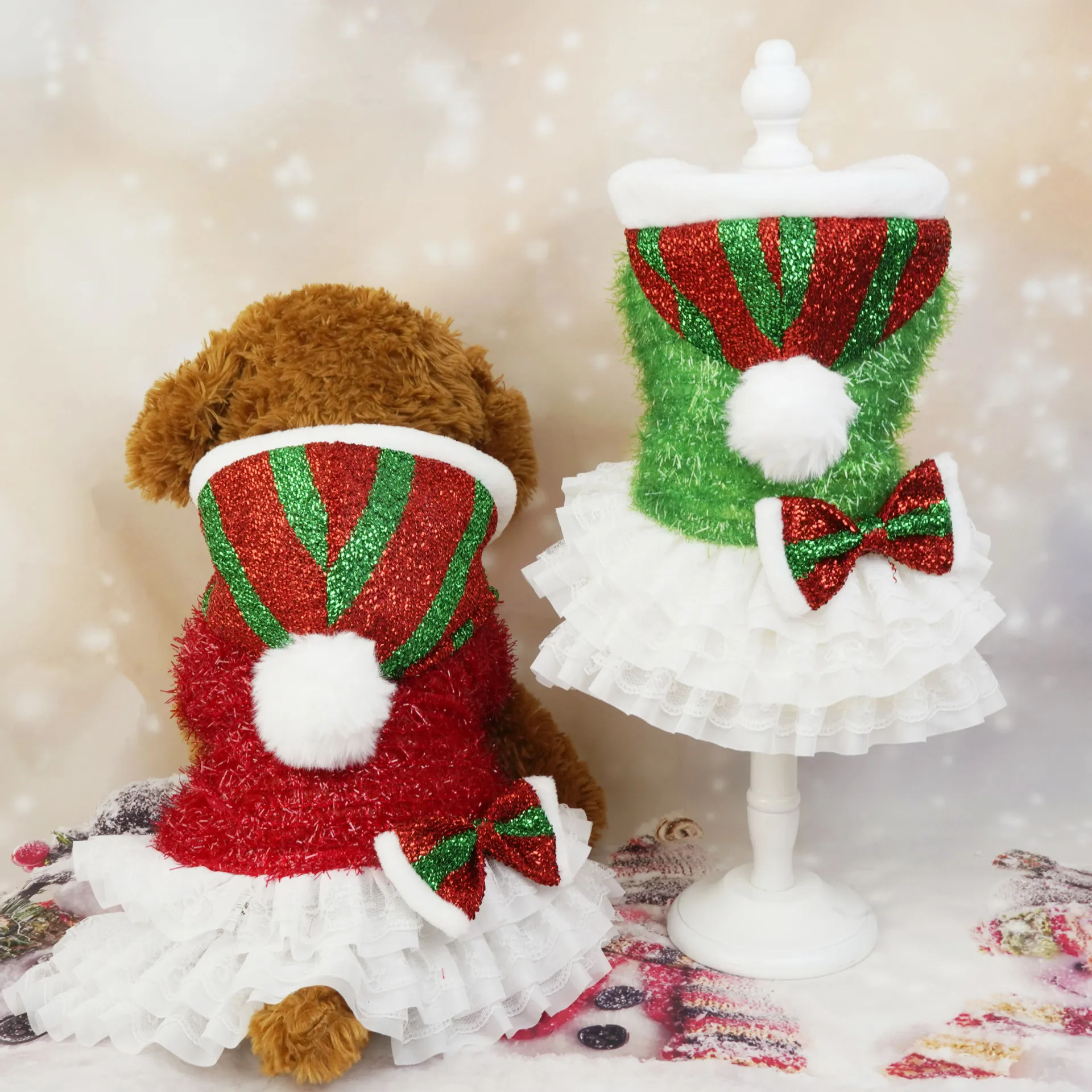 Vestido de lentejuelas de Navidad para mascotas, malla de empalme para perros, torre exterior, fiesta de Navidad, ambiente festivo, sombrero de Navidad con capucha, ropa para cachorros