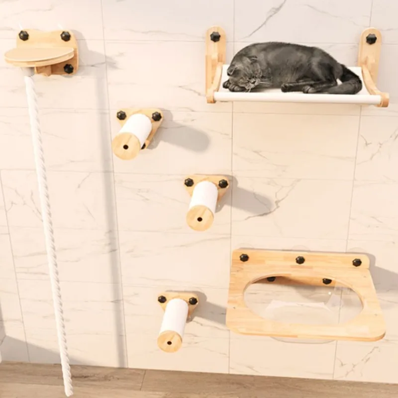 Cama para gatos de madera maciza montada en la pared, poste rascador para escalar, fijación con ventosa, plataforma de salto para gatitos, producto para escalar mascotas en casa