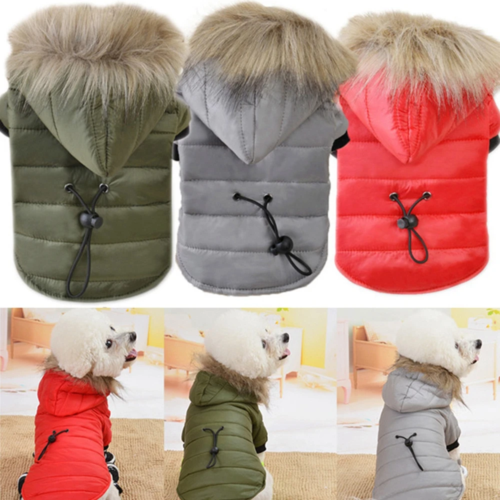Chaqueta de invierno con capucha para mascotas, ropa cálida para perros pequeños con cuello de piel, trajes para mascotas, abrigo impermeable con capucha para Bulldog Francés - imagen 5