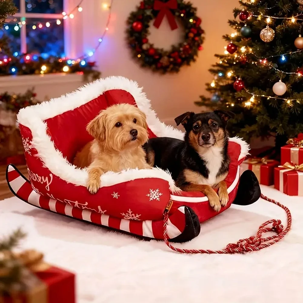 Cama con trineo navideña, sofá cálido de felpa lavable y extraíble para mascotas con Base antideslizante, nido navideño para perros y gatos para invierno, interior y exterior - imagen 5