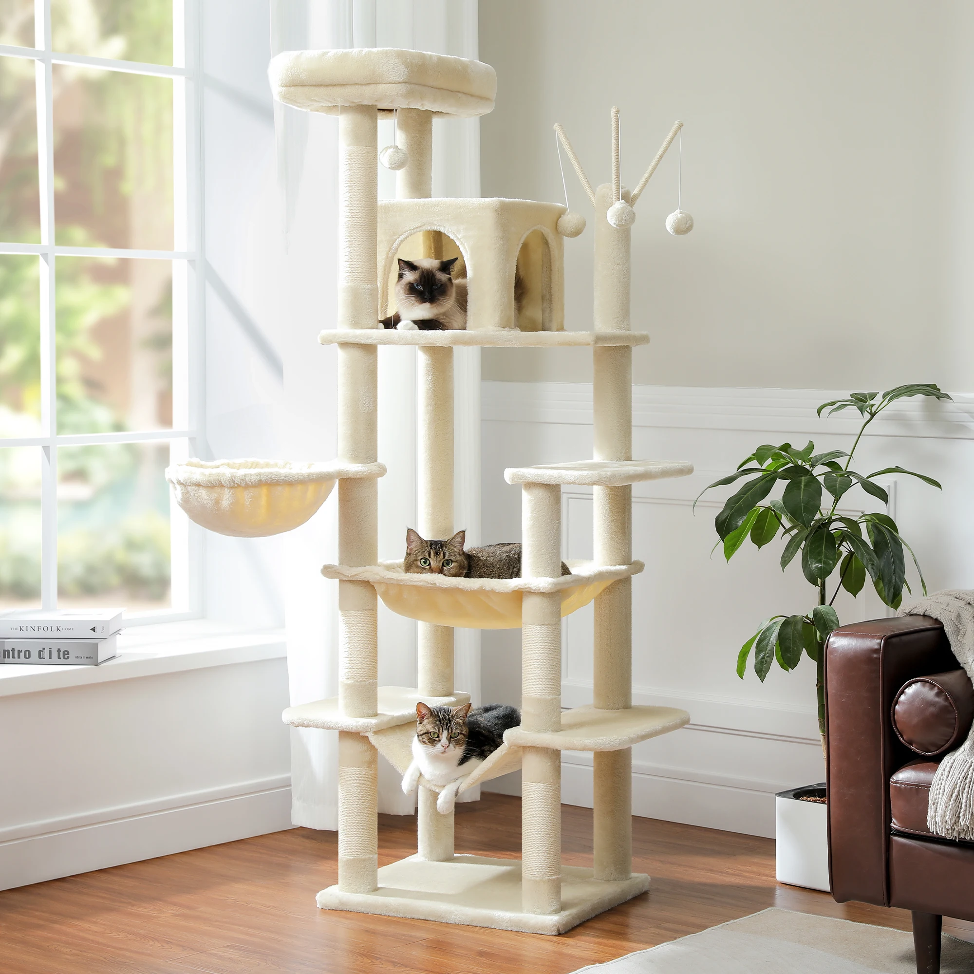Árbol grande para gatos para interiores, torre alta para gatos gordos con hamaca súper grande, árboles trepadores para gatos con poste rascador - imagen 2