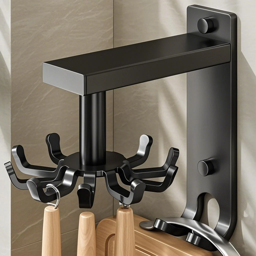 Ganchos de cocina 360 ° Estante de almacenamiento giratorio montado en la pared, organizador multifuncional de gran capacidad para vajilla, soporte para cucharas - imagen 2