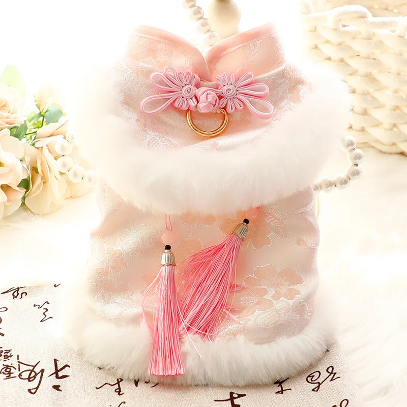 Ropa para perros, ropa de otoño e invierno, ropa gruesa de princesa Tang para gatos, cuello redondo con borlas frescas, suministros para mascotas de peluche para perros pequeños - imagen 4