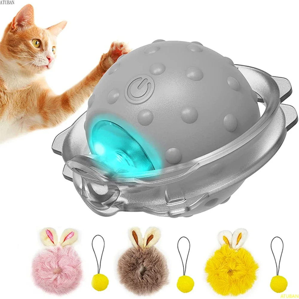 ATUBAN-pelota de juguete para gato con Orejas de conejo, juguetes interactivos inteligentes para gatos con sonido de pájaro, luz, movimiento, bola rodante activa, juguete eléctrico para gatos