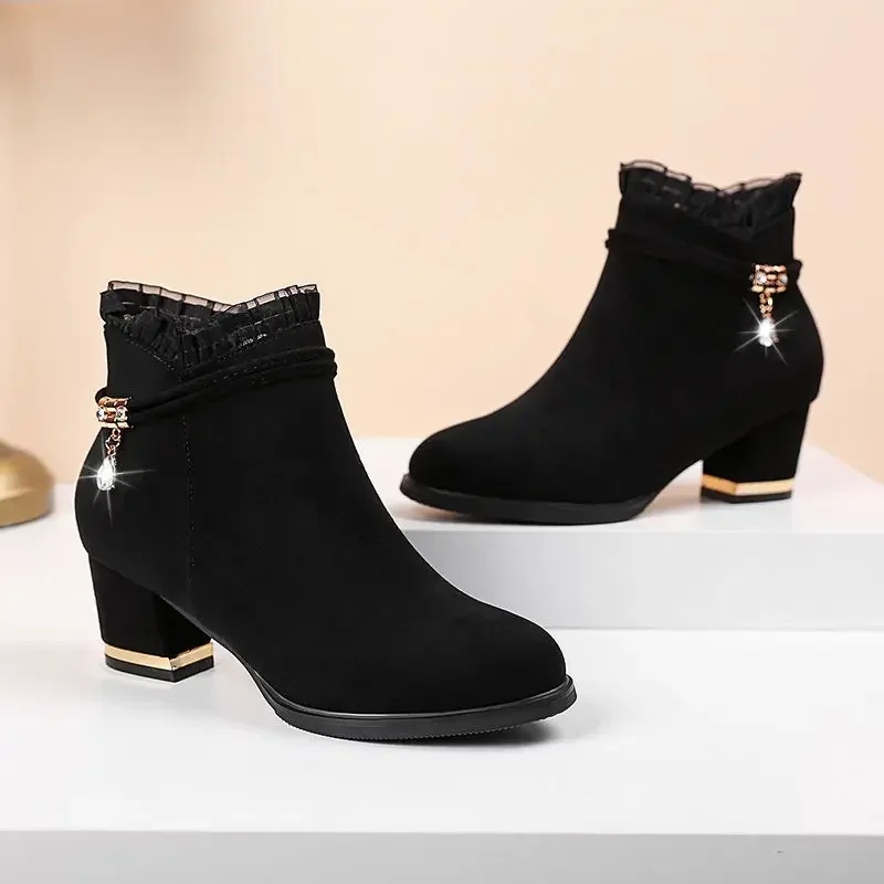 Botines de ante con tacón grueso para mujer, botas sexys de encaje que combinan con todo, cremallera lateral, tacones altos, Nude, Otoño e Invierno - imagen 5