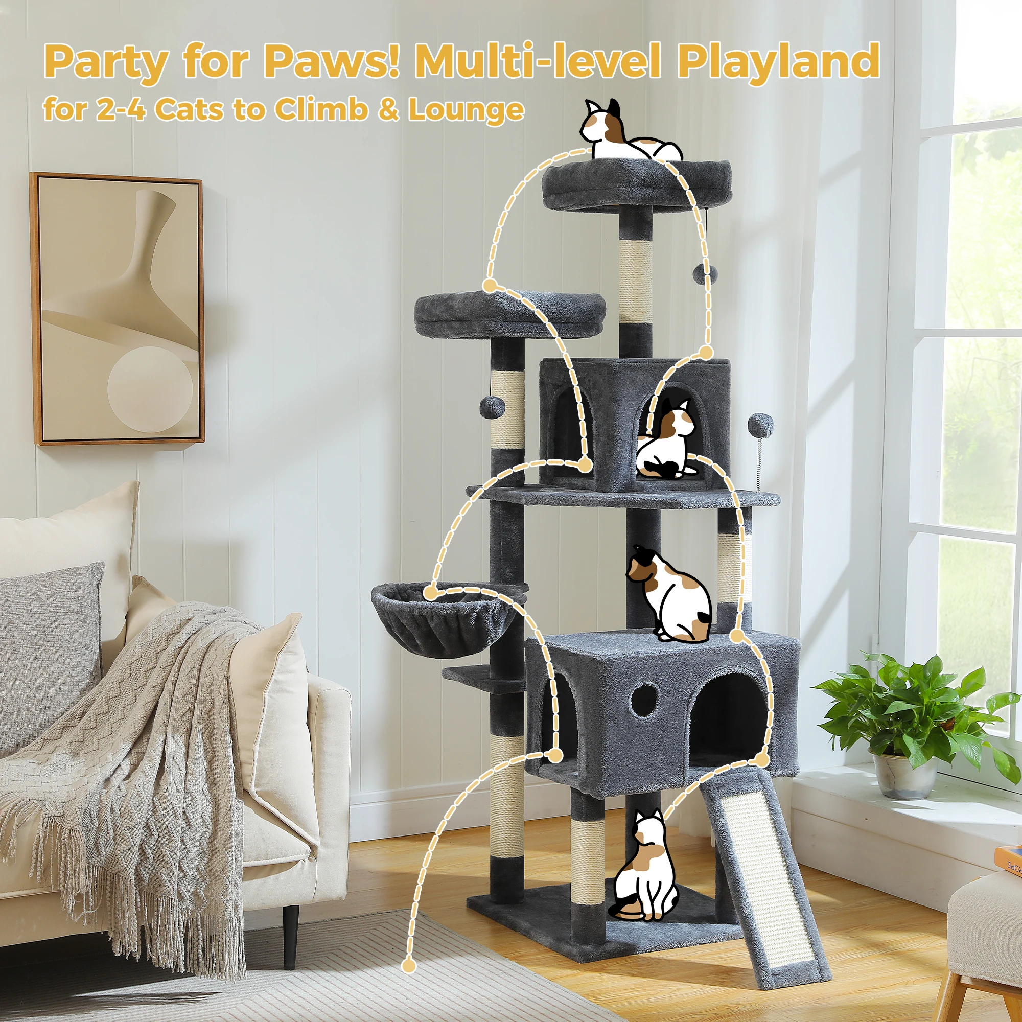 Torre de árbol para gatos de varios niveles con poste rascador de Sisal y almohadilla, hamaca acogedora, Condo grande de lujo para gatos de interior, accesorios para gatos de juguete - imagen 2