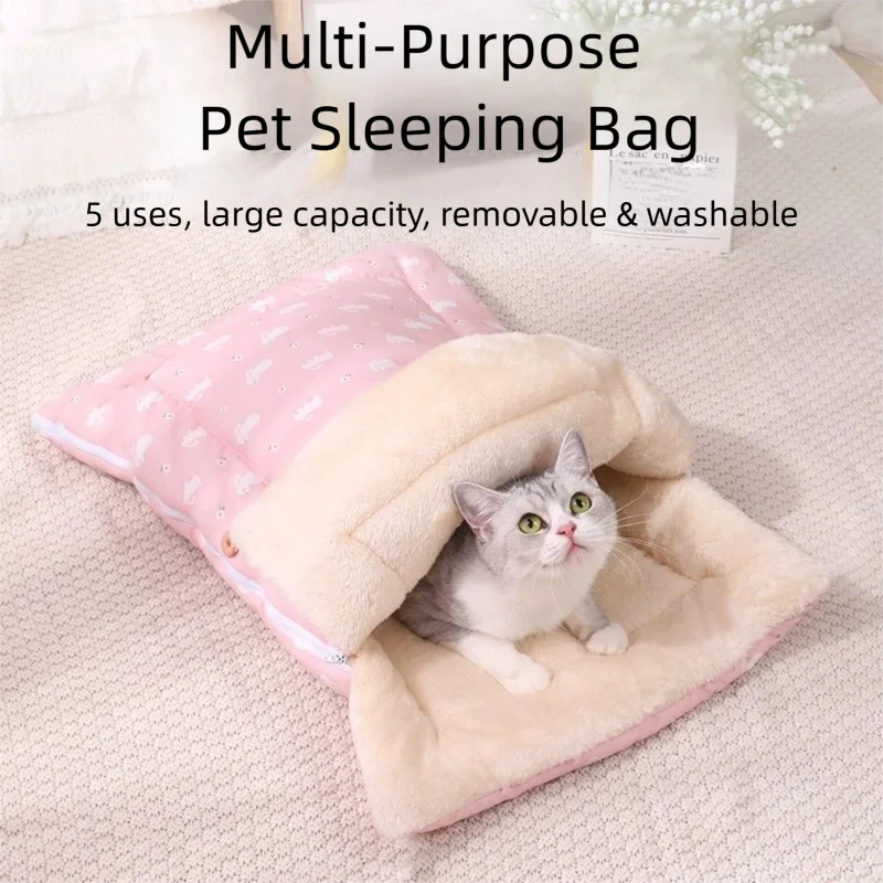 Saco de dormir cálido para gatos, cama para mascotas con forro polar de felpa, almohadilla lavable desmontable para gatos de interior, perros pequeños, todas las estaciones, invierno