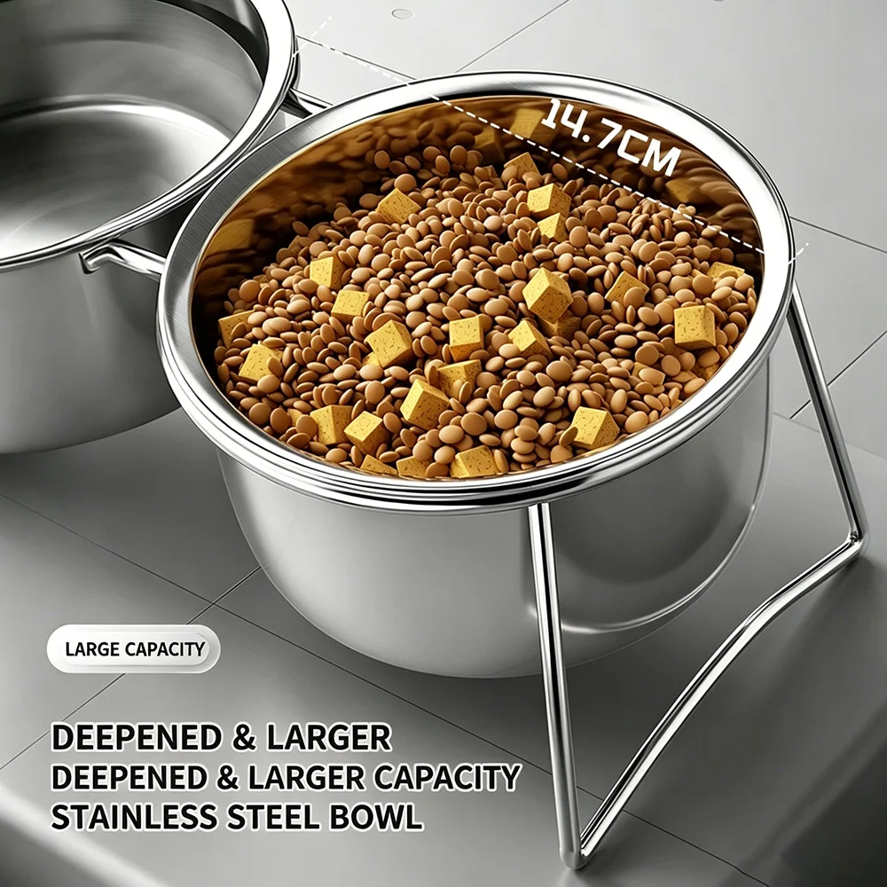 Comedero lento doble elevado de acero inoxidable para perros y gatos - imagen 3