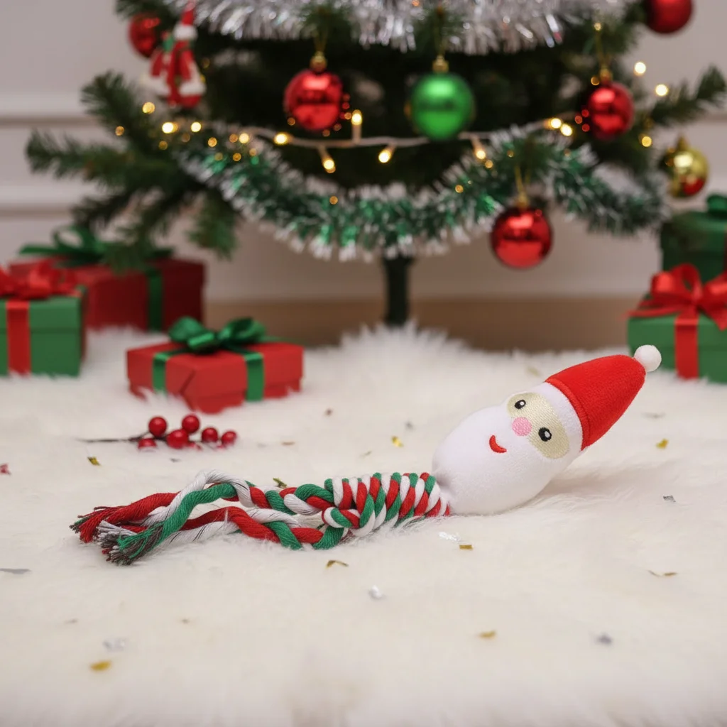 Juguetes navideños de cuerda para mascotas, juguetes para masticar trenzados chirriantes para perros, juguetes de cuerda con nudo indestructible para limpieza de dientes de cachorro - imagen 2